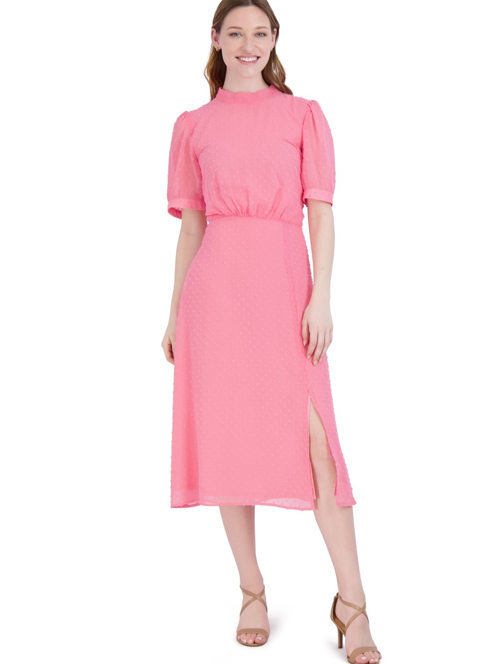 julia jordan Pink Tie-Back Midi Dress with Puff Sleeves